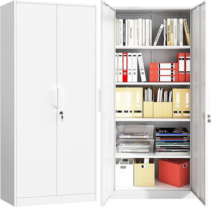 71''H Metal Garage Storage Cabinets with Lock, White Tall Storage Cabinet with Doors and 4 Adjustable Shelves, Lockable Steel File Cabinet for Office, Home, Garage (White, 71"H x 31.5"W x 16.5"D)