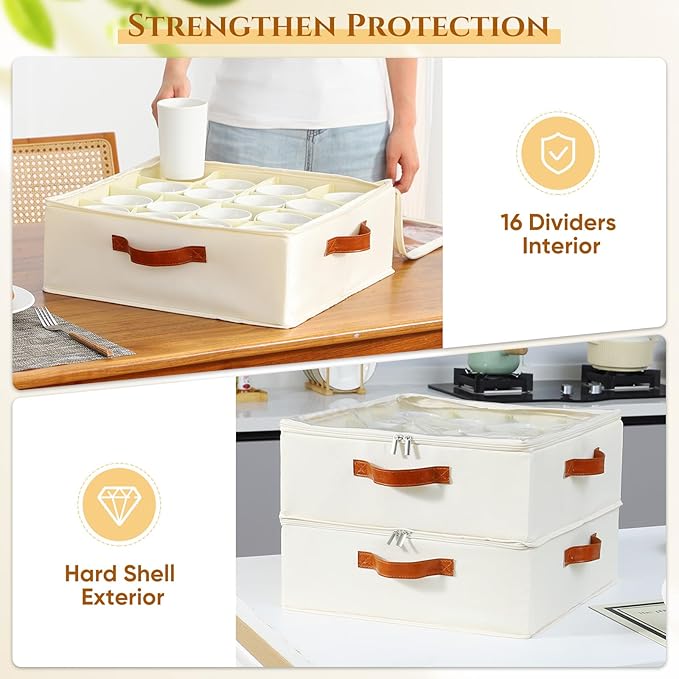 2 Pack Coffee Mug Storage Box with Dividers, Stackable China Storage Containers with Lid, Zipper, and Handles for 32 Coffee Mugs and Cups, Mug Storage Organizer for Packing & Moving, Beige