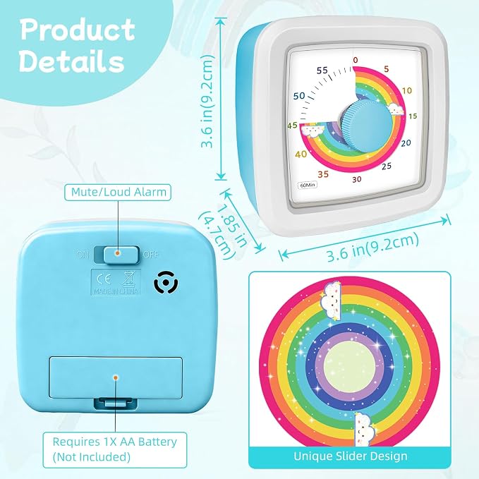Visual Timer for Kids, 60-Minute Silent Countdown Timer with Rainbow Design, Cube Time Management Tool Timers for Classroom Cooking Homework ADHD, No Loud Ticking Kids Visual Timer,White Blue