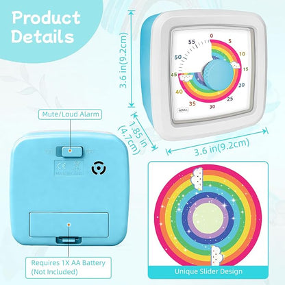 Visual Timer for Kids, 60-Minute Silent Countdown Timer with Rainbow Design, Cube Time Management Tool Timers for Classroom Cooking Homework ADHD, No Loud Ticking Kids Visual Timer,White Blue