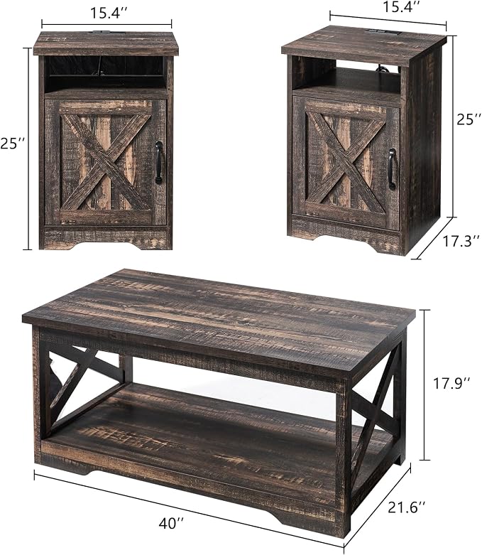AMERLIFE 3-Piece Farmhouse Table Set Includes Coffee Table& Two End Tables, Side Table with Charging Station and USB Ports, for Living Room, Dark Oak