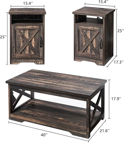 AMERLIFE 3-Piece Farmhouse Table Set Includes Coffee Table& Two End Tables, Side Table with Charging Station and USB Ports, for Living Room, Dark Oak