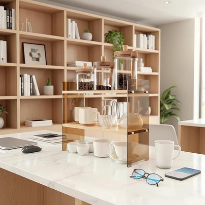 Coffee Station Organizer 2 Tier, Solid Wood Mug Shelffor Coffee Bar,Matcha Station,Tea Storage - Holds Mugs,Beans,Syrup,Cups,Tirrers (Yellowish-Brown, 15.4" L x 5.7" W x 13.4" H)