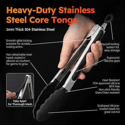 HST Tongs for Cooking with Silicone Tips(3 Pack), Non Stick Kitchen Tongs with Silicone Tip for Cooking BBQ Baking (9", Black)