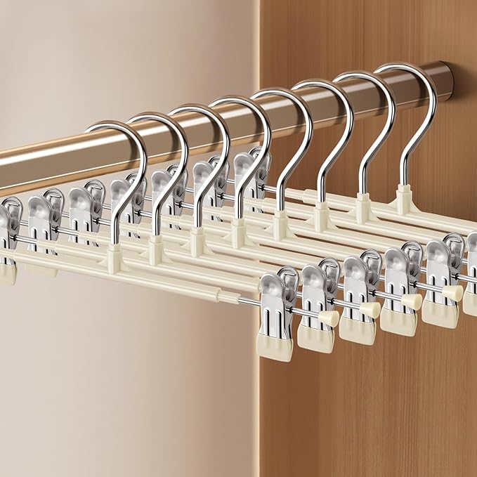 Pants Hangers with Clips 10PACK Adjustable Skirt Hangers for Women Metal Non-Slip Trousers Hanger Heavy Duty Space Saving Clothes Hanger for Shorts,Jeans,12Inch Lvory