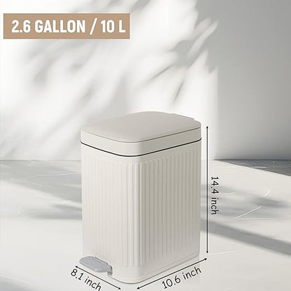 rejomiik Small Bathroom Trash Can with Lid Slim Soft Close Garbage Can Step Wastebasket Container Trash Bin for Office Bedroom Kitchen Living Room (2.6 Gallon Cream)