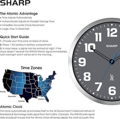 Sharp Atomic Analog Wall Clock - 12" Grey Face, Silver Brushed Finish - Sets Automatically- Battery Operated - Easy to Read - Easy to Use – Modern Design and Style