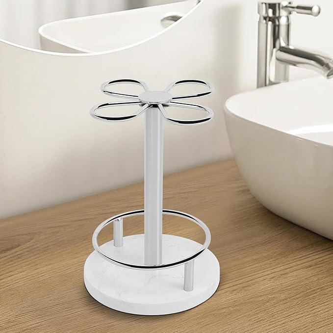 Toothbrush Holder Stand for Bathroom, Metal Toothbrush Organizer with Marble Base, Toothbrush Storage Collection for Family, Suitable for Home Hotel Countertop Vanity (Small, Chrome Finish)