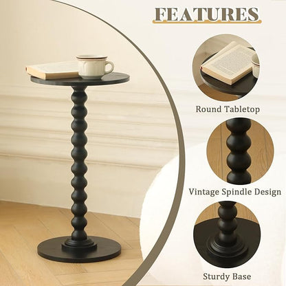 Round Side Table, Small Drink Table for Small Spaces, Modern Accent End Table Nightstand with Solid Wood Leg for Living Room, Bedroom, Corners, and Office (Black)