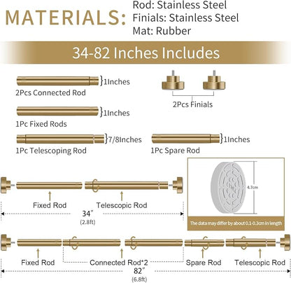 YNL Shower Curtain Rod 34-82 Inches (2.8-6.8ft) Adjustable Spring Shower Rod No Drilling, Non-Slip, Never Rust, Stainless Steel, Suitable for Bathroom Window Living room, Gold