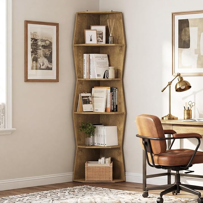 Vividwood Wavy Corner Shelf, Modern 6-Tier Irregular Wooden Corner Bookshelf, Narrow Tall Display Bookcase for Living Room, Bedroom