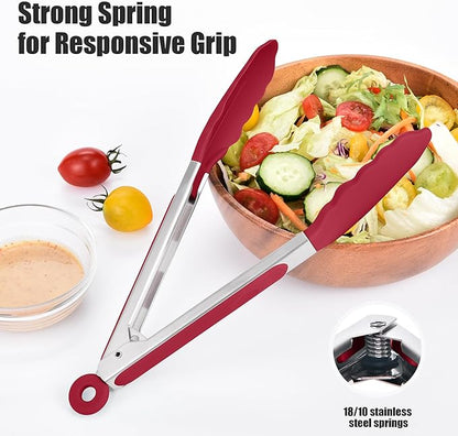 Doosu Kitchen Tongs for Cooking - 600°F Heat Resistant Food Tong with Non-Scratch Silicone Tips, Heavy Duty Stainless Steel Locking Tong for BBQ, Grilling Steak, Serving Salad, Pasta (9in, Red)