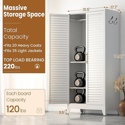 Metal Armoire Wardrobe Closet, 71" Clothing Storage Cabinets with Adjustable Hanging Rod, Louvered Doors, 2 Side Hooks & 2 Adjustable Shelves - Closet Cabinet for Bedroom, Laundry Room, Cloak Room