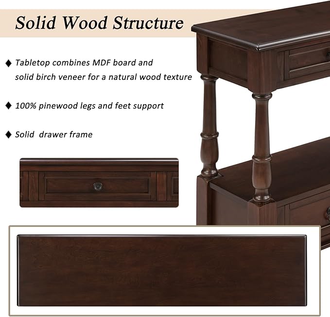 KEIKI 54”L Pine Solid Wood Entryway Console Table with 6 Storage Drawers, Vintage Behind Couch Sofa Table with 2 Tiers Open Shelf for Hallway, Entrance, Entry Way, Living Room, Foyer
