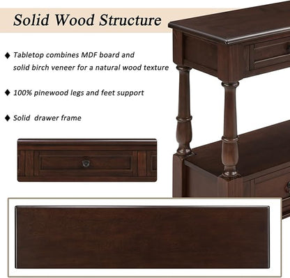 KEIKI 54”L Pine Solid Wood Entryway Console Table with 6 Storage Drawers, Vintage Behind Couch Sofa Table with 2 Tiers Open Shelf for Hallway, Entrance, Entry Way, Living Room, Foyer