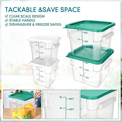 Lallisa 4 Pcs 8 Qt and 4 Qt Clear Food Storage Containers with Lids, Handles and Scales, Commercial Grade Square Containers Polycarbonate Air Tight for Home Storage Kitchen Restaurant(White, Green)