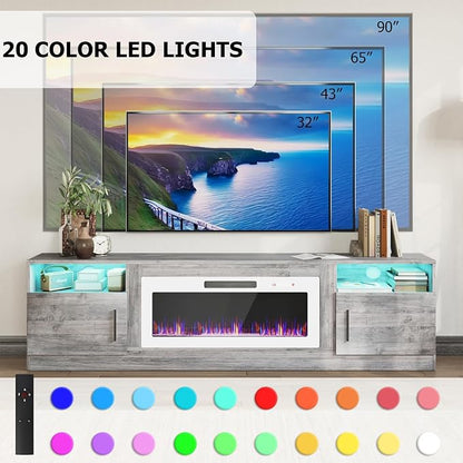 PRETZI Fireplace TV Stand with 36" Fireplace Up to 90" TVs, 80" Entertainment Center with LED Lights, Remote Control, TV Media Console with Storage Cabinets for Living Room, Grey+White