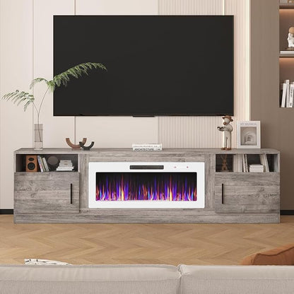 Lemberi Fireplace tv Stand with 36 inch White Fireplace Up to 90" TVs, LED Light Entertainment Center and Storage, 80" Modern Wood Media TV Console with Highlight Cabinet for Living Room (Gray)