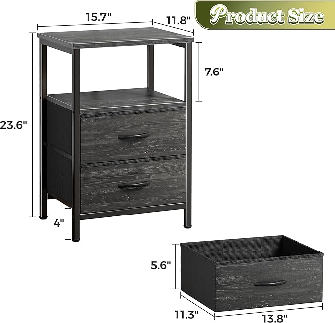 Huuger Night Stand Set of 2, Nightstand with 2 Drawers, Bed Side Table with Open Shelf, Wooden Top, End Table, Fabric Drawer with Charcoal Black Wood Grain Print, for Bedroom
