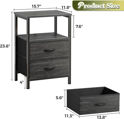 Huuger Night Stand Set of 2, Nightstand with 2 Drawers, Bed Side Table with Open Shelf, Wooden Top, End Table, Fabric Drawer with Charcoal Black Wood Grain Print, for Bedroom