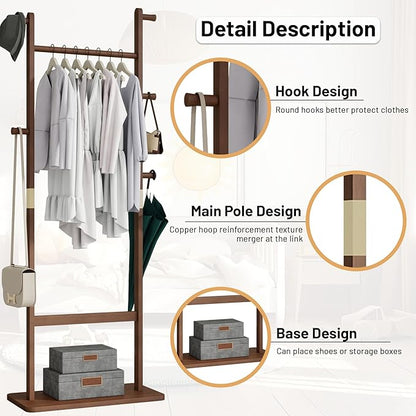 Freestanding Coat Rack with 2 Storage Shelves and 5 Hooks, Heavy Duty Wood Garment Rack for Bedroom, Hallway, Entryway (23.6x11x64 in)