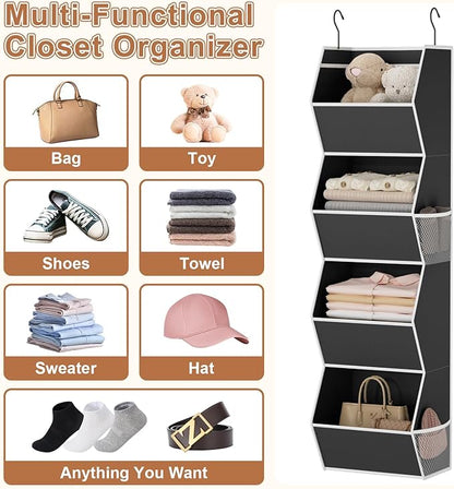 Hanging Closet Organizer 4 Shelf Collapsible Bedroom Closet Organizers and Storage Hanging with Mesh Pocket for Clothes, Closet Hanging Organizers and Storage for Fabric Wardrobe Space Saver, Black