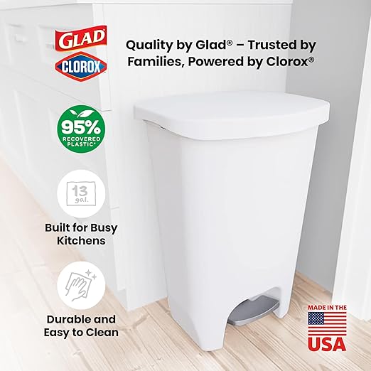 Glad 13 Gallon Trash Can with Clorox Odor Protection | Plastic Kitchen Waste Bin | Hands Free with Step On Foot Pedal and Garbage Bag Rings, White