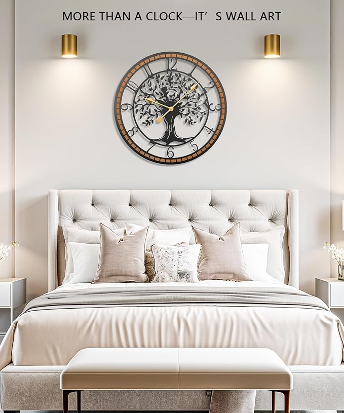 Axioglo Wall Clock,32" Large Wall Clock for Living Room Decor,Tree of Life and Wooden Frame Design,Non-Ticking Battery Operated,for Dining Room,Bedroom,Kitchen,Office Arabic Decoration