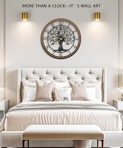 Axioglo Wall Clock,32" Large Wall Clock for Living Room Decor,Tree of Life and Wooden Frame Design,Non-Ticking Battery Operated,for Dining Room,Bedroom,Kitchen,Office Arabic Decoration