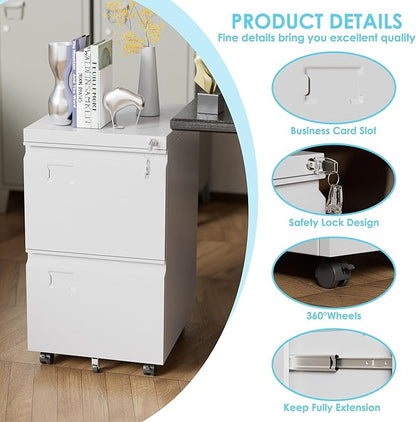 Aobabo 2 Drawer File Cabinet with Wheels, Lockable Metal Filing Cabinet with Business Card Slot for Legal/Letter Size Home Office, Required Assembled,White
