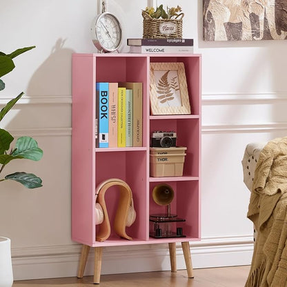 LEYAOYAO 5 Cube Bookshelf 3-Tier Bookcase with Legs,Mint Light Pink Kids Book Shelf Cute Storage Organizer,Free Standing Open Toy Shelves Wood Bookshelves,Display Bookcases for Bedroom,Living Room