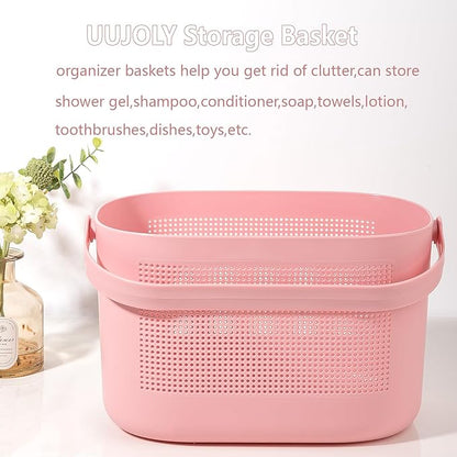 UUJOLY Plastic Storage Baskets with Handles, Shower Caddy Shelf Organizers Basket for Bathroom, Kitchen, Dorm Room, Pink
