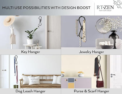 RTZEN Farmhouse Small Key Holder for Wall - Handcrafted Swirl Decorative 5 Key Hooks for Home Entryway - Wrought Iron Wall Mount Rack Purse Coat and Leash Holder or Organizer (Infinity Black)