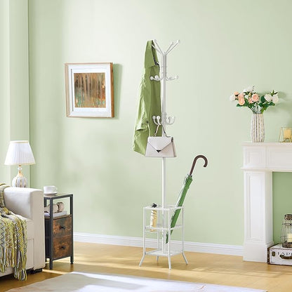 FAVOOSTY Coat Rack Freestanding,Coat Rack Stand with Umbrella Holder,Metal Coat Tree with 12 Hooks,Tree Clothes Hat for Entryway, Hallway, Bedroom, Living Room & Office -White