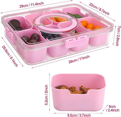 shopwithgreen Divided Serving Tray with Lid and Handle, Portable Snackle Box Charcuterie Container for Party, Veggies, Fruits, Nuts, Candy, Food Tray Platter Snack Box for Entertaining, Picnic, Pink