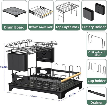 2 Tier Dish Drying Rack, Drying Rack with Automatic Drainboard, Dish Racks for Kitchen Counter, Rustproof Dish Drainer with Removable Utensil Holder, Cups Holder, Black