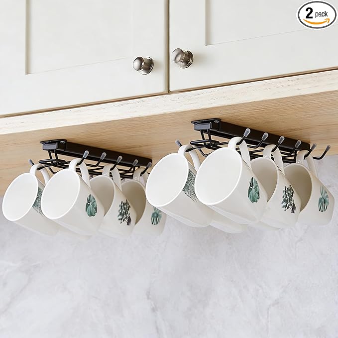 LiaMeE Sliding Mug Hooks Under Cabinet - Pull Out Coffee Cup Holder Rack with 12 Hooks, Metal Under Shelf Mug Organizer for Kitchen, Space Saving Hanging Storage (Black,2PCS)