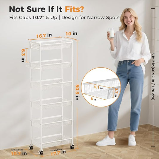 6 Tier Slim Storage Cart with Wheels, 10" D Rolling Storage Cart for Small Space, Metal Narrow Spice Cabinet Mobile Shelving Unit Organizer with Handle for Kitchen, Laundry - White
