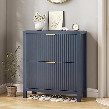 Shoe Cabinet Storage for Entryway, Fluted Shoe Cabinet with 2 Flip Drawers, Hidden Shoe Rack Tall Freestanding Shoe Organizer with Legs for Hallway, Blue