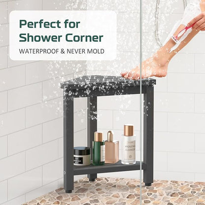 Shower Foot Rest 14in, HIPS Waterproof Shower Stool for Inside Shower, Corner Shower Stool for Shaving Legs with Storage Shelf, Shower Step Stool for Small Space, Plastic Corner Shower Bench, Grey