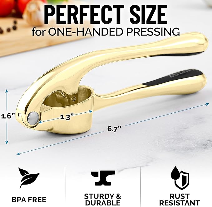 Zulay Kitchen Premium Garlic Press with Soft, Easy to Squeeze Handle - Includes Silicone Garlic Peeler & Cleaning Brush - 3 Piece Garlic Mincer Tool - Sturdy Easy to Clean Garlic Crusher (Gold)