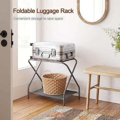 AMHANCIBLE Luggage Rack, Set of 2, Foldable Suitcase Stands for Guest Room, Metal Luggage Holder with Storage Shelf for Bedroom, Hotel, Easy Assemble, HLR02GY