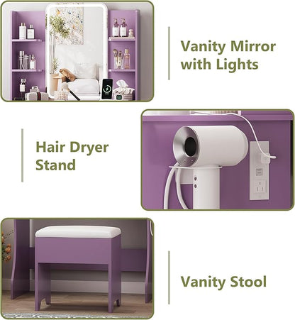 Small Vanity Desk with Mirror and Lights, Makeup Vanity with LED Lights, Purple Vanity Mirror with Lighted Desk and Chair, 3 Lighting Adjustable Compact Dressing Table with Mirror for Women, Girls
