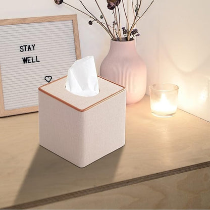 Linen Square Tissue Box Cover,Cube Tissue Box Holder－Excellent Rosegold Leather Decoration,Table Napkin Case Dispenser,Facial Tissues Organizer with Magnetic Bottom for Home Office Car(Beige)
