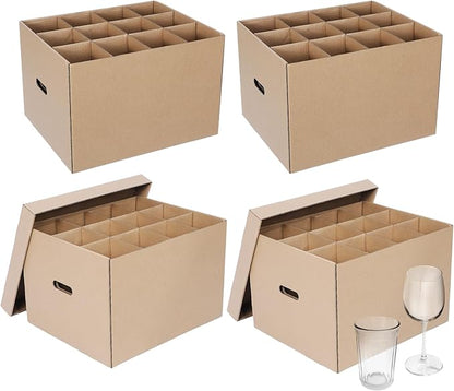 4 Pack Wine Glass Moving Boxes Kitchen Moving Boxes with Handle Kitchen Kit with Lid for Dish Glassware(Brown,15 x 12 x 10 Inches)