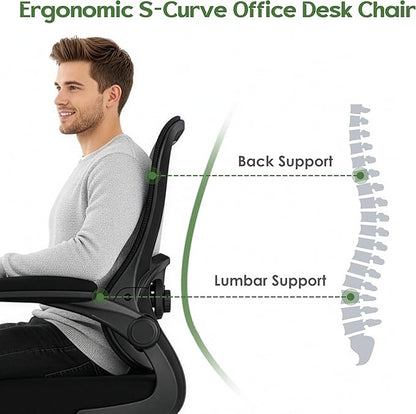 Office Chair Ergonomic Desk Chair - Mesh Comfy Home Desk Office Chairs with Wheels Adjustable Lumbar Support Flip up Armrest Executive Rolling Swivel Teacher Task Computer Chair Black