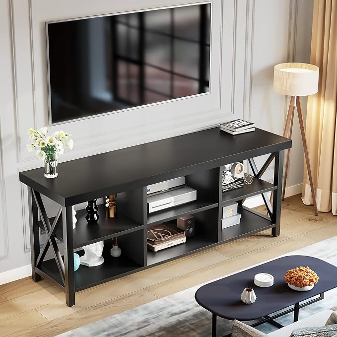 GreenForest TV Stand for TV up to 65 inches, Entertainment Center with 6 Storage Cabinet for Living Room, 55 inch Farmhouse Television Stands Console Table, Industrial TV stands for Living Room, Black