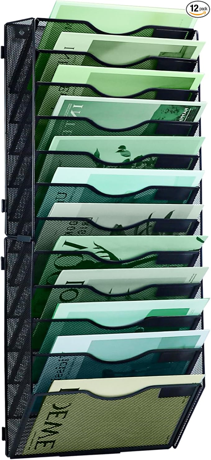 12 Tier Mesh Hanging File Organizer Vertical Wall File Organizer Wall File Holder for Office School Home, Black