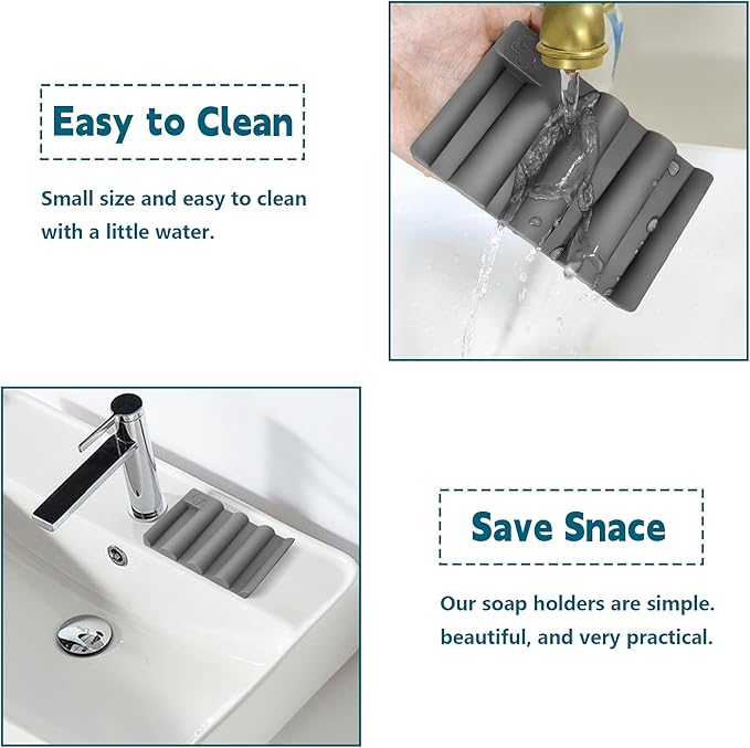 Silicone Soap Dish,Self Draining Soap Holder Perfect for Shower,Bathroom Sink,Kitchen Sink & Travel,Non-Slip Bar Soap Holder Extend Soap Life,Keep Soap Bars Dry & Easy Cleaning Grey-2Pcs