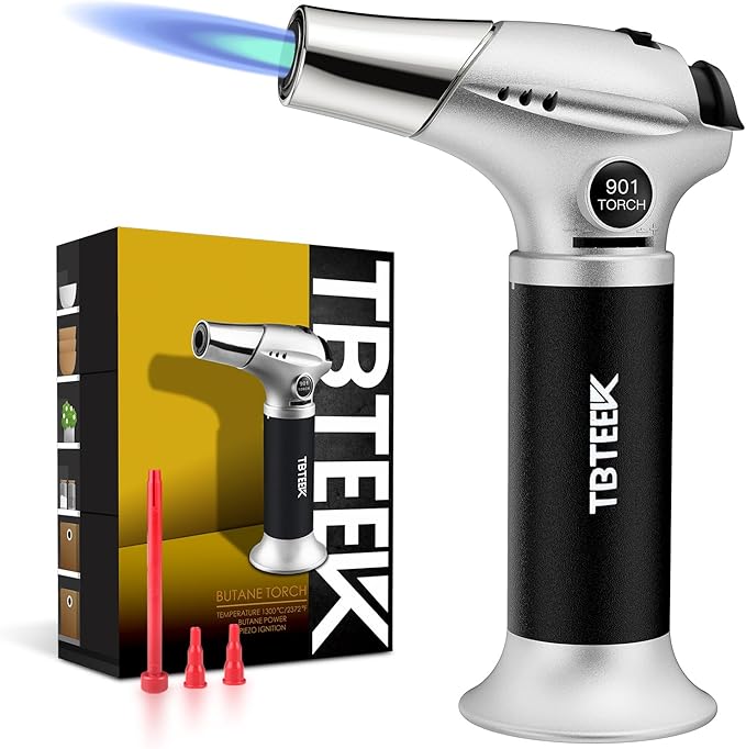 TBTEEK Butane Torch, Kitchen Torch Cooking Torch with Safety Lock & Adjustable Flame for Cooking, BBQ, Baking, Brulee, Creme, DIY Soldering(Butane Not Included)